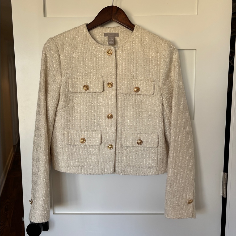 H&M Short Tweed Lady Jacket with Gold Accents in Cream size Small